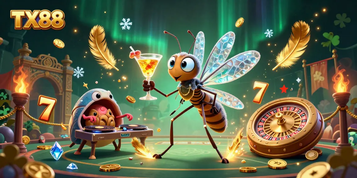 TX88 casino promotional art featuring a mosquito mascot, trilobite DJ, and roulette wheel.