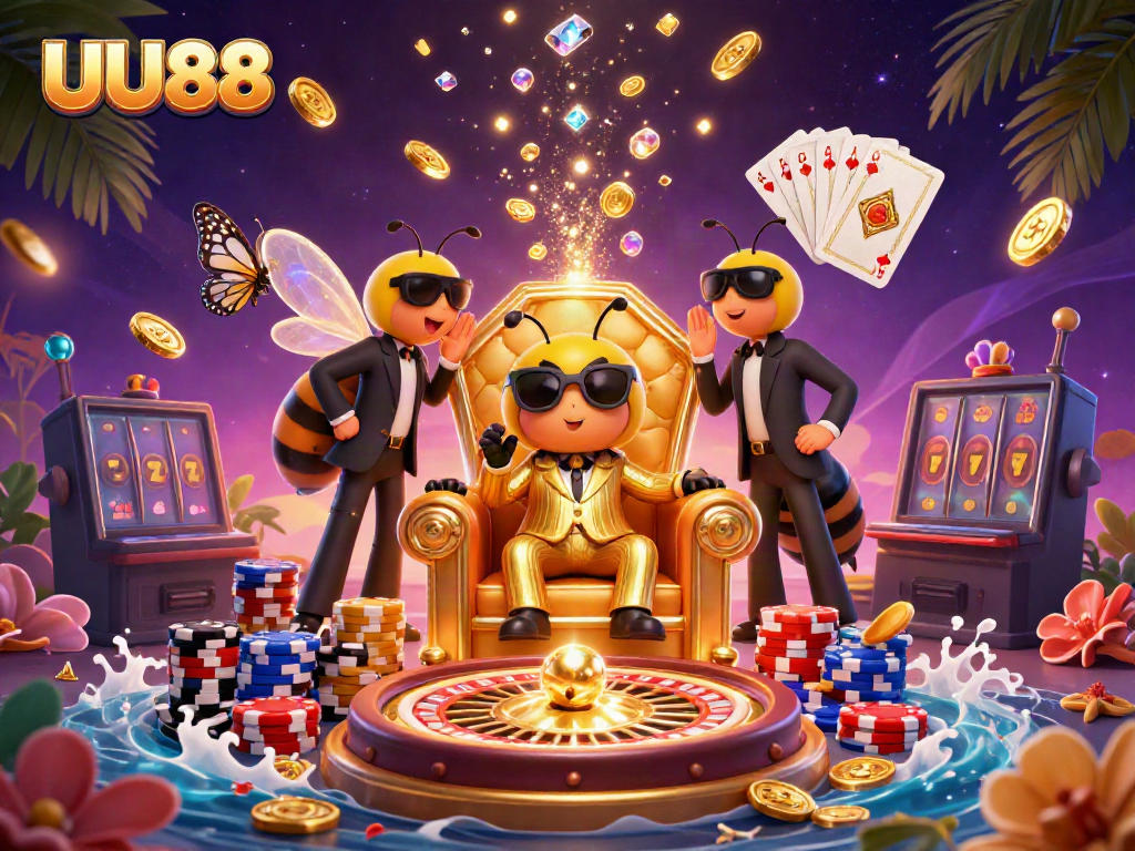 Experience thrilling gaming with UU88 in this vibrant 3D casino scene featuring a mob boss and dynamic elements.