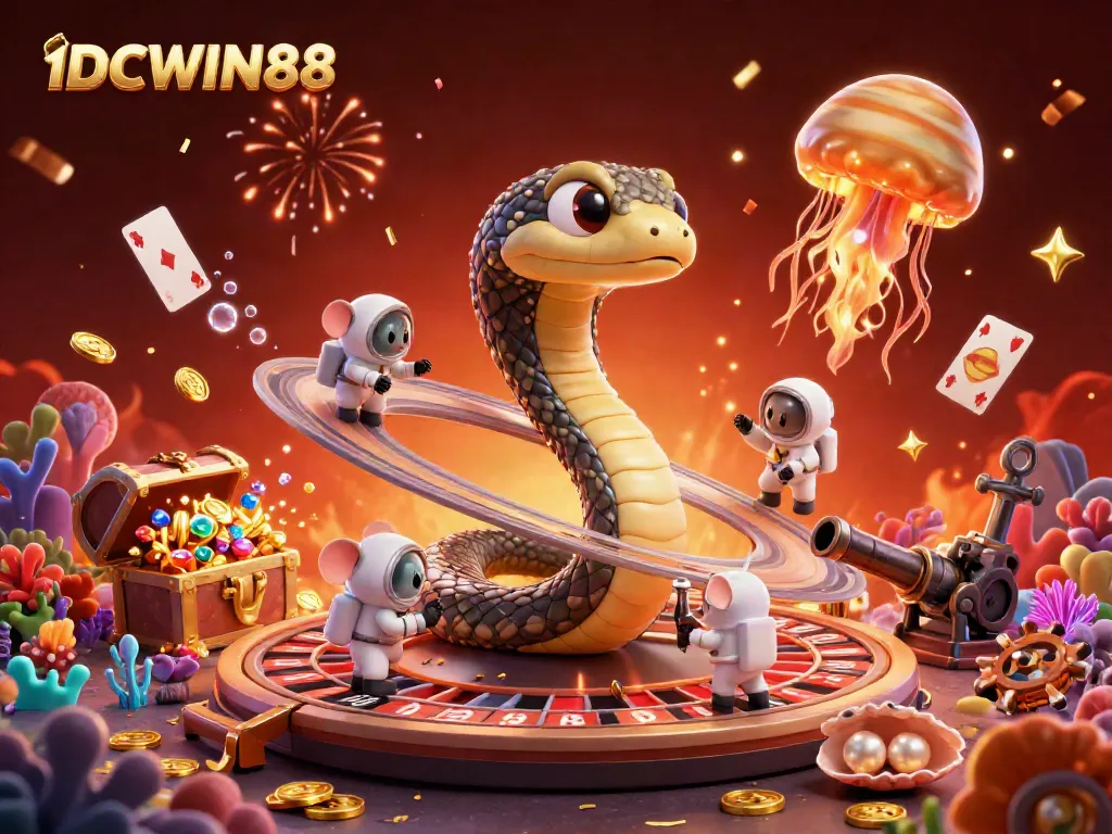 Experience thrilling bets on IDCWIN88 with a vibrant cosmic-themed illustration featuring playful characters.