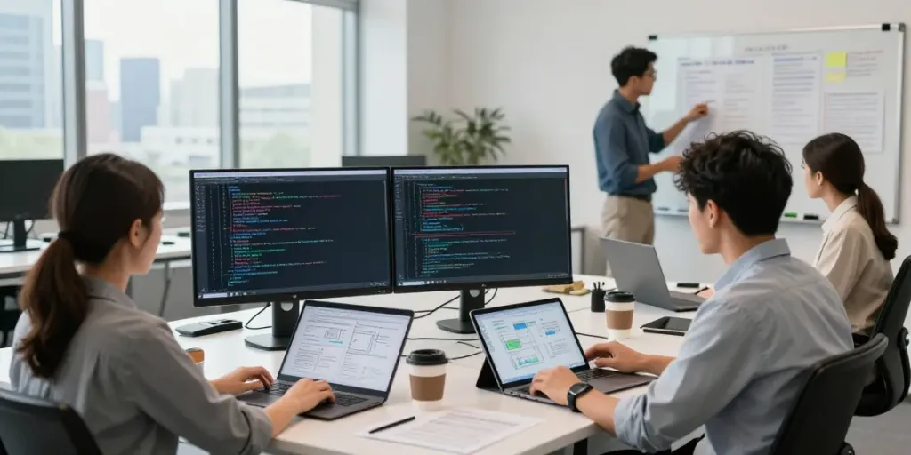 Team collaborating on Enterprise AI strategy in a modern workspace.