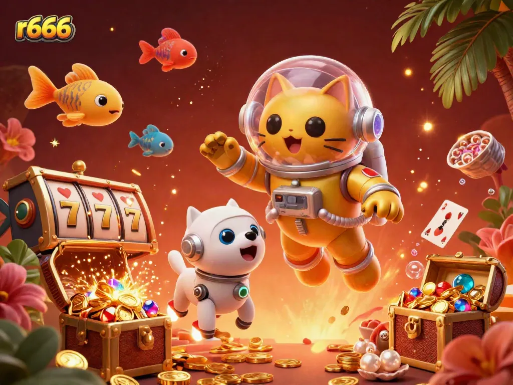 Experience thrilling casino excitement with r666, featuring a golden space cat, a robot dog, and floating slot reels.