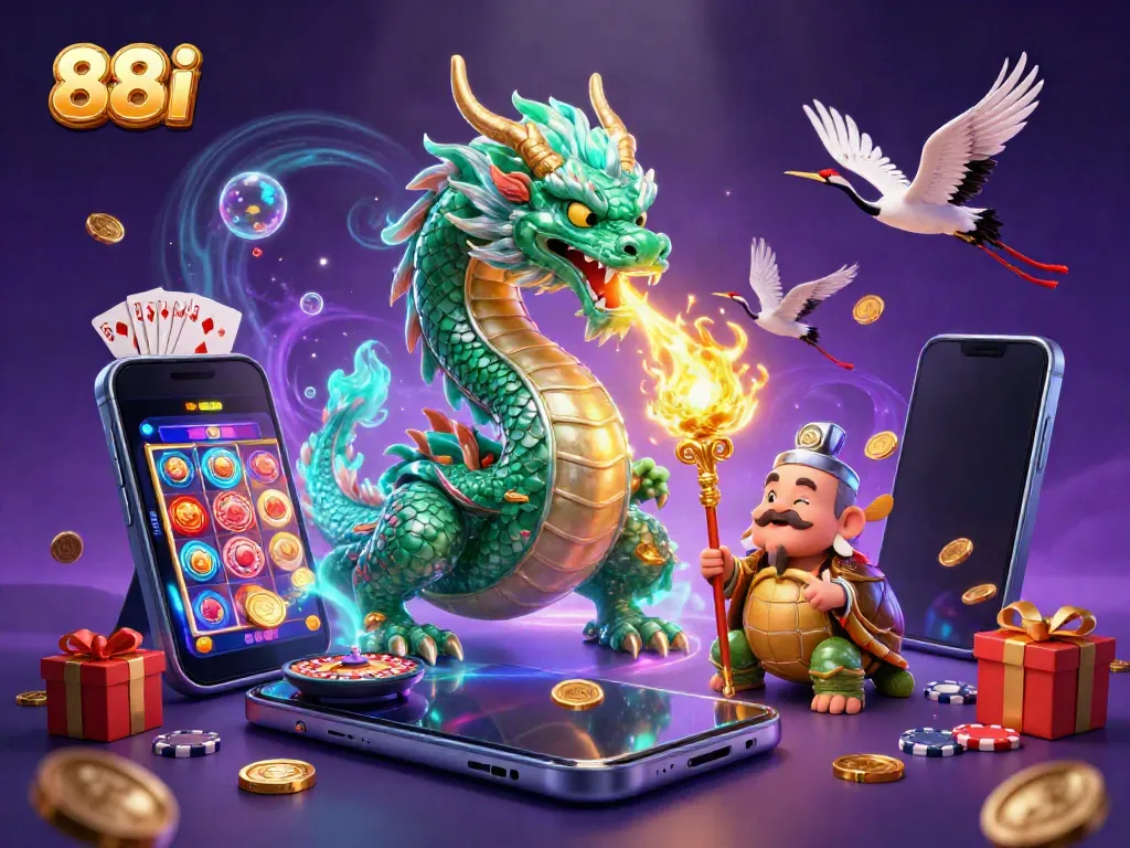 Experience thrilling gameplay with 88i as an emerald jade dragon, wise turtle sage, and lucky cranes embody casino excitement.