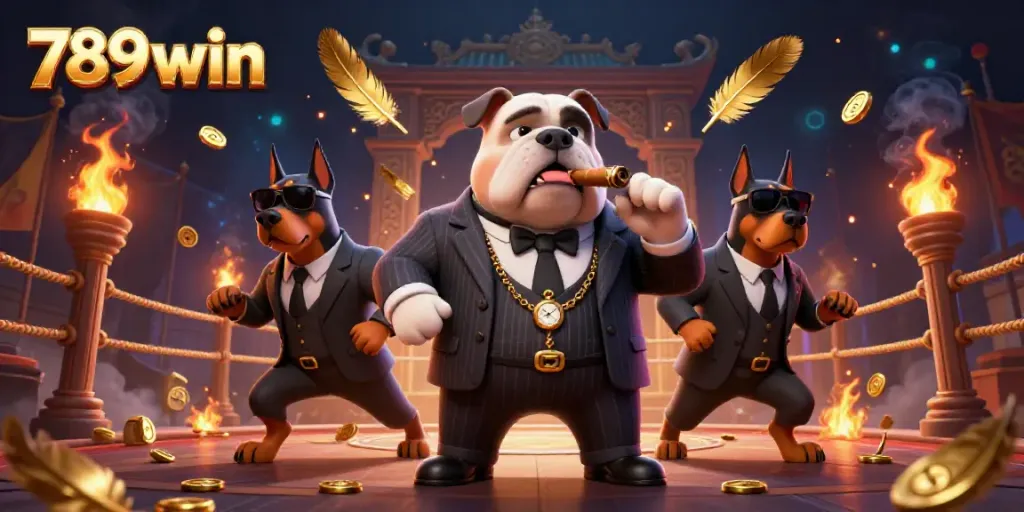 Engage with the thrilling ambiance of 789win featuring a mafia boss and bodyguards in a dynamic casino setting.