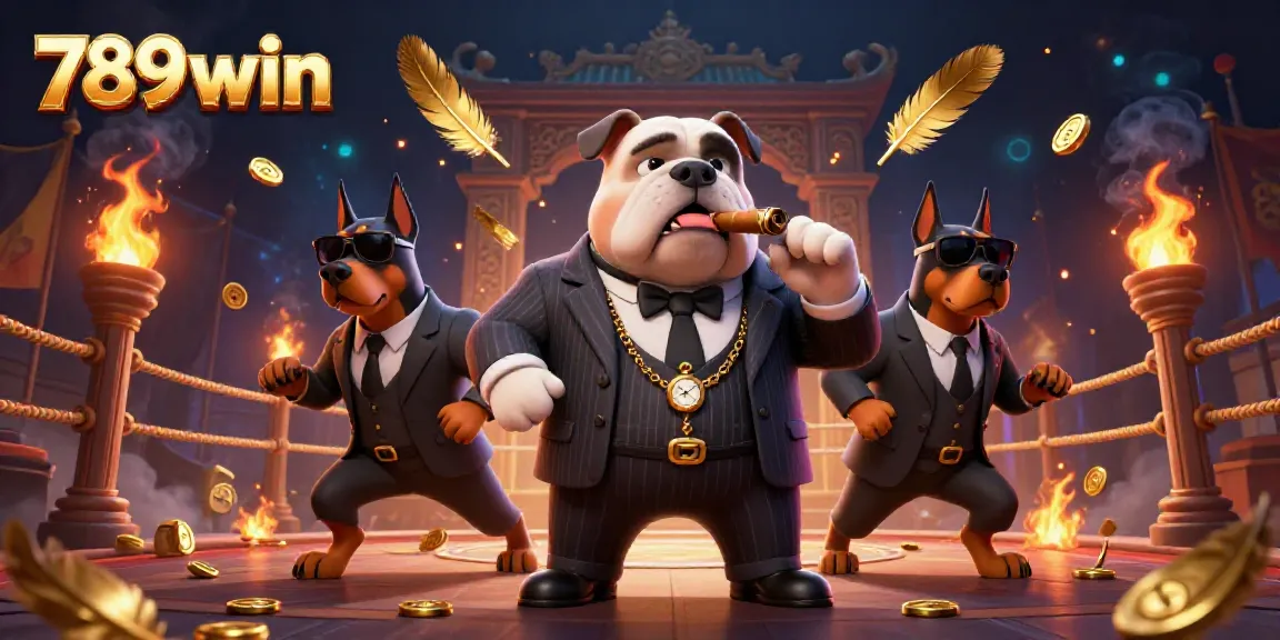 Engage with the thrilling ambiance of 789win featuring a mafia boss and bodyguards in a dynamic casino setting.
