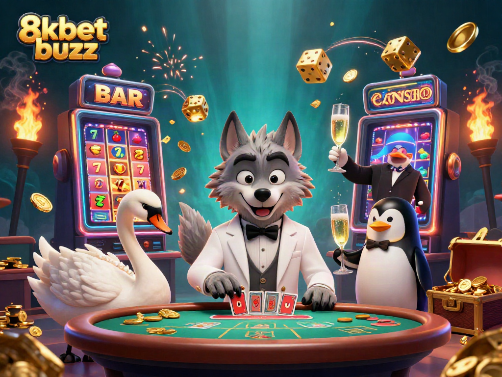 Experience the excitement of 8kbet buzz with a lively scene featuring animated characters at a baccarat table.