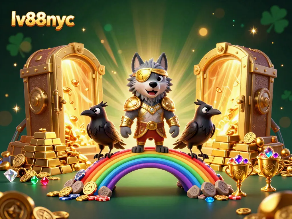 Experience the thrill of lv88nyc with a vibrant 3D casino scene featuring Odin and his ravens amid golden treasures.