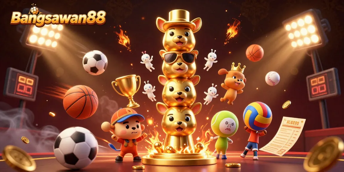 Bangsawan88 showcases a vibrant sports betting scene filled with animated casino elements and dynamic sports balls.