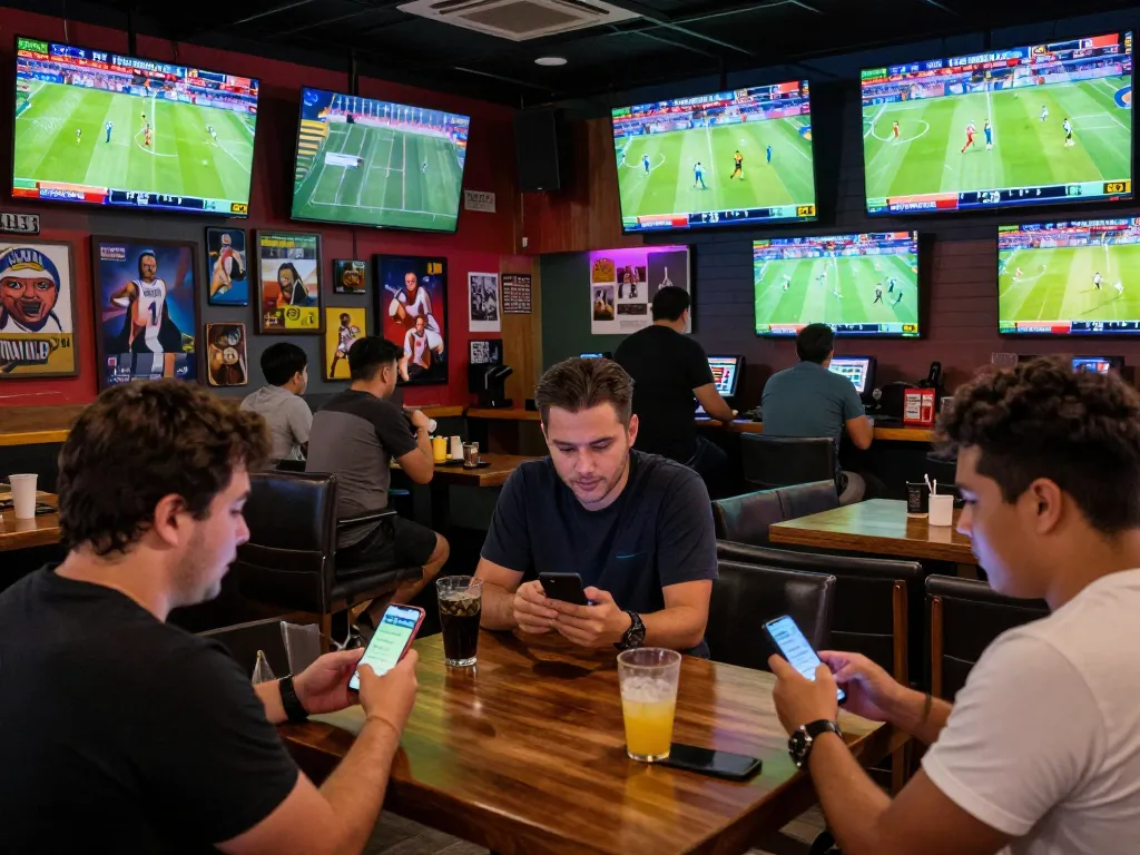 Patrons engaging in sports betting excitement at tylekeonhacai88's modern sports bar.