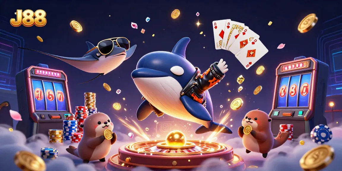 Engage with J88's thrilling world through this 3D illustration of a vibrant casino scene.