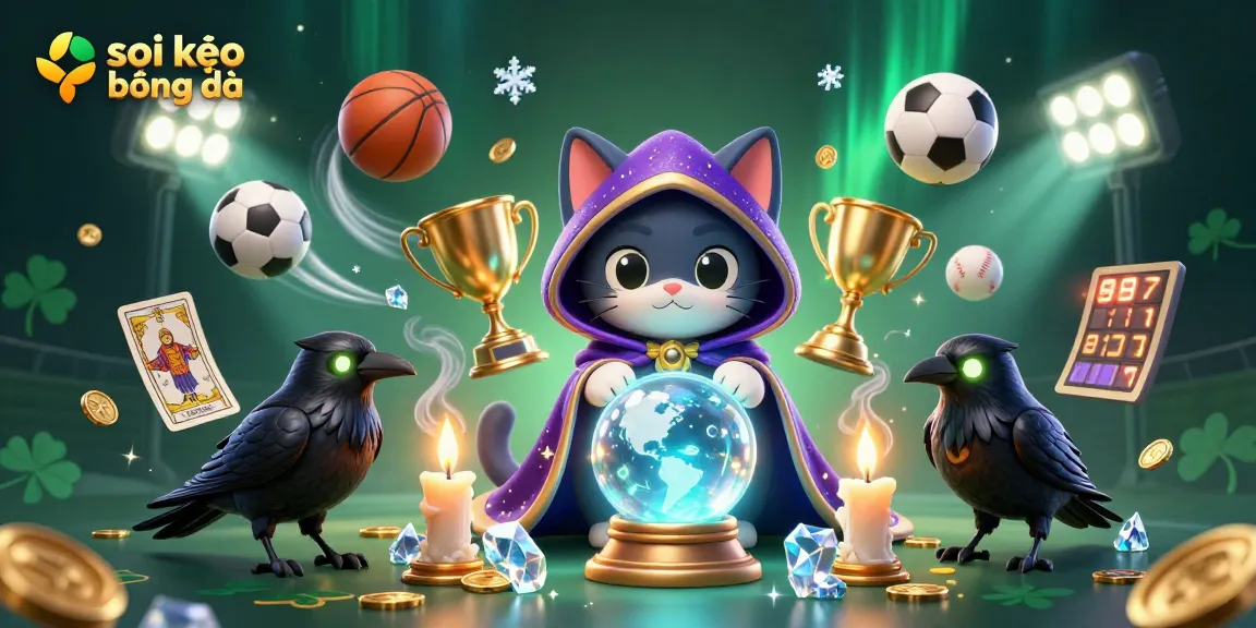 Engage with the soi kèo bóng đá world, featuring animated mystic cat and raven amid dynamic sports elements.