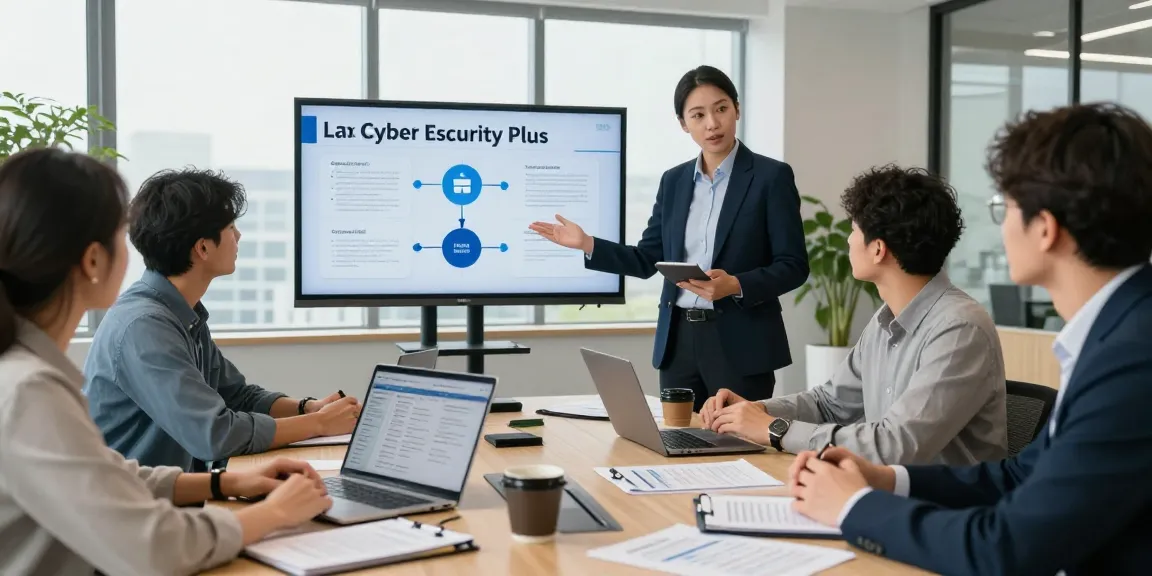 Cyber Essentials Plus consultation showcasing a cybersecurity expert guiding a team through compliance strategies in a professional office setting.