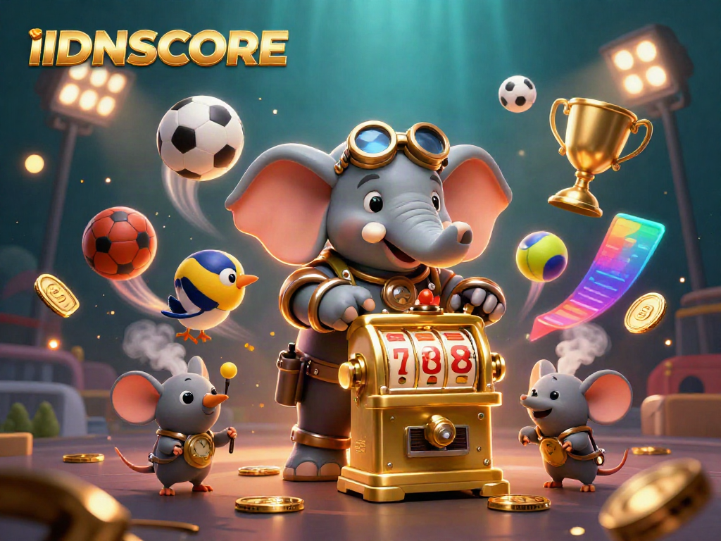 Experience the excitement of IDNSCORE with a steampunk elephant and game elements in a vibrant scene.