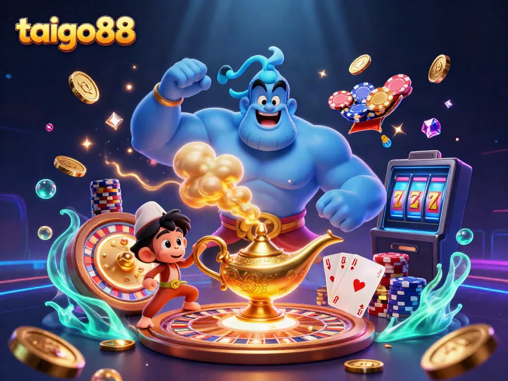 Experience the exciting world of taigo88 with a dazzling genie, poker adventure, and casino elements.