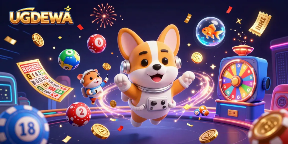 UGDEWA showcases a vibrant 3D casino space with an astronaut corgi, engaging in thrilling gambling elements.