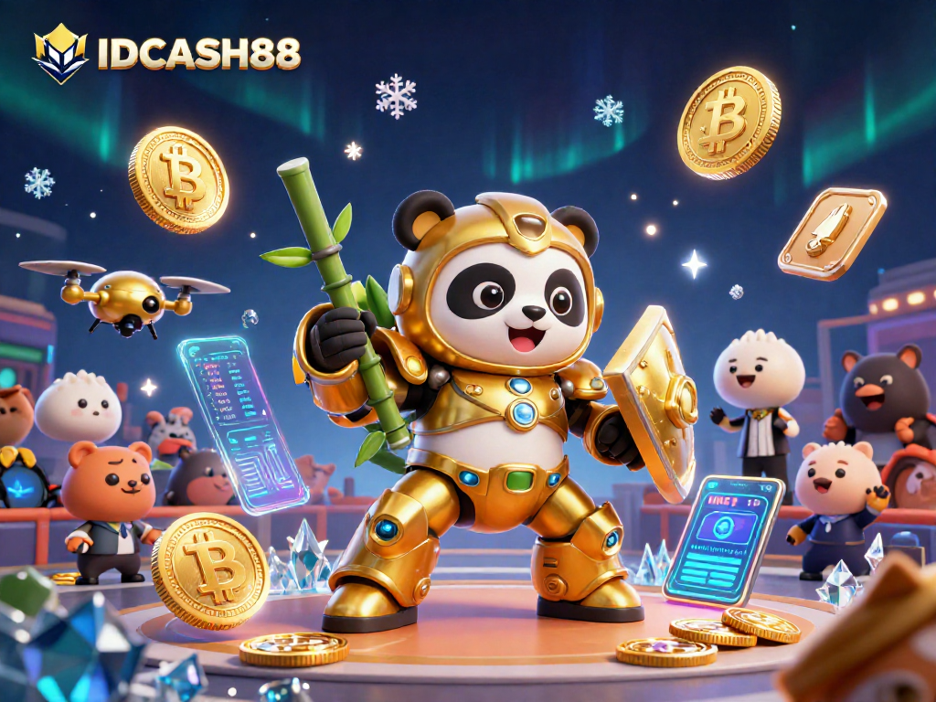 Experience thrilling action at IDCASH88 with a cartoon mech-suit panda in a vibrant casino arena.