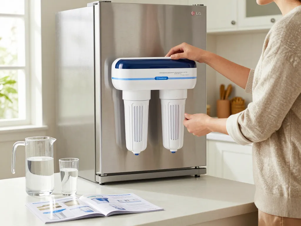 Installing Waterdrop Alkaline LT1000PC ADQ747935 Replacement for LG® LT1000P®/PC/PCS ThinQ® Refrigerator Water Filter in a modern kitchen