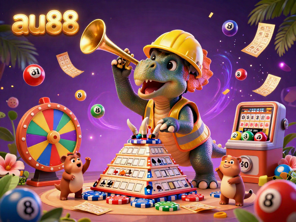 Engage with au88's vibrant casino gaming scene featuring joyful characters and dynamic game elements.