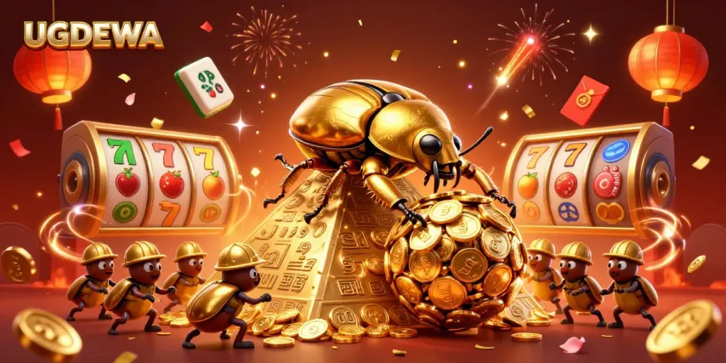 Engage with UGDEWA's vibrant casino scene featuring a golden beetle rolling coin riches.