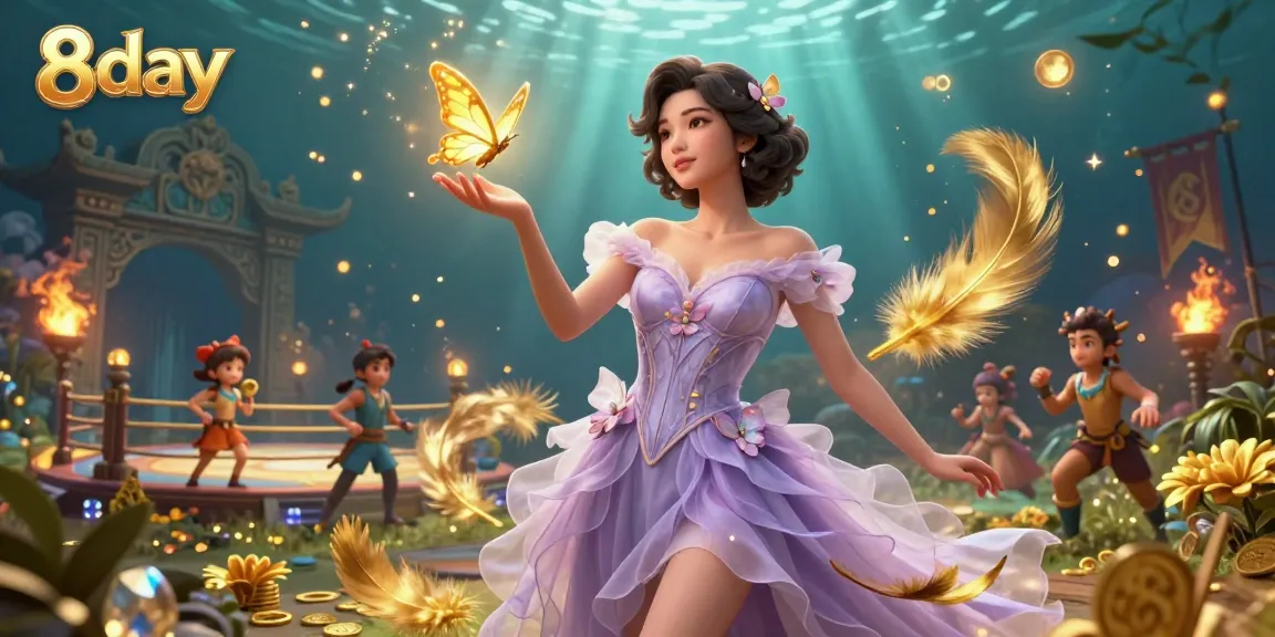 Bet on exciting games at 8day's vibrant virtual casino with gold tokens and dazzling effects.