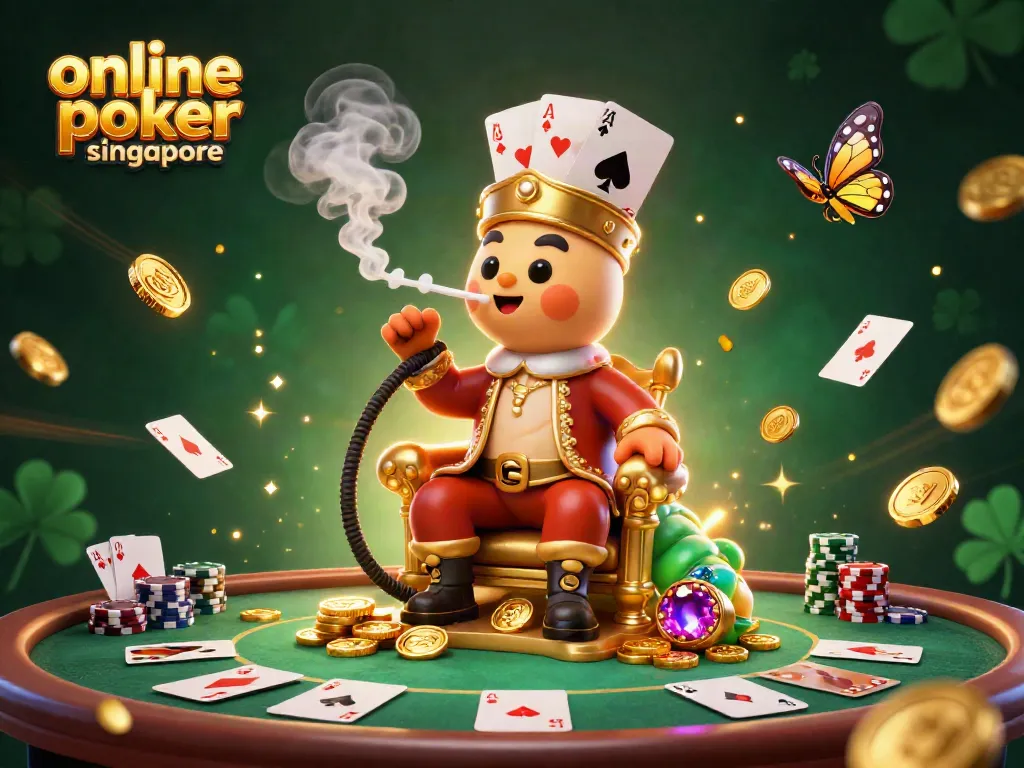Engage with online poker Singapore in an enchanting 3D scene featuring an extraordinary caterpillar and poker elements.