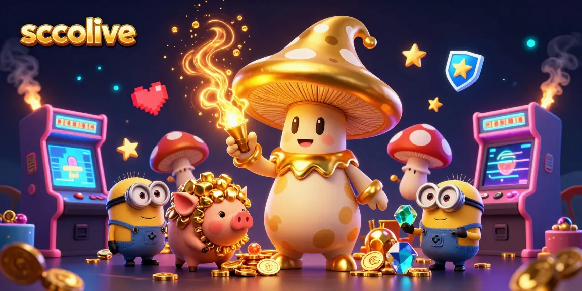 Socolive showcases a magical golden mushroom wizard in a vibrant casino-themed scene, channeling treasure.
