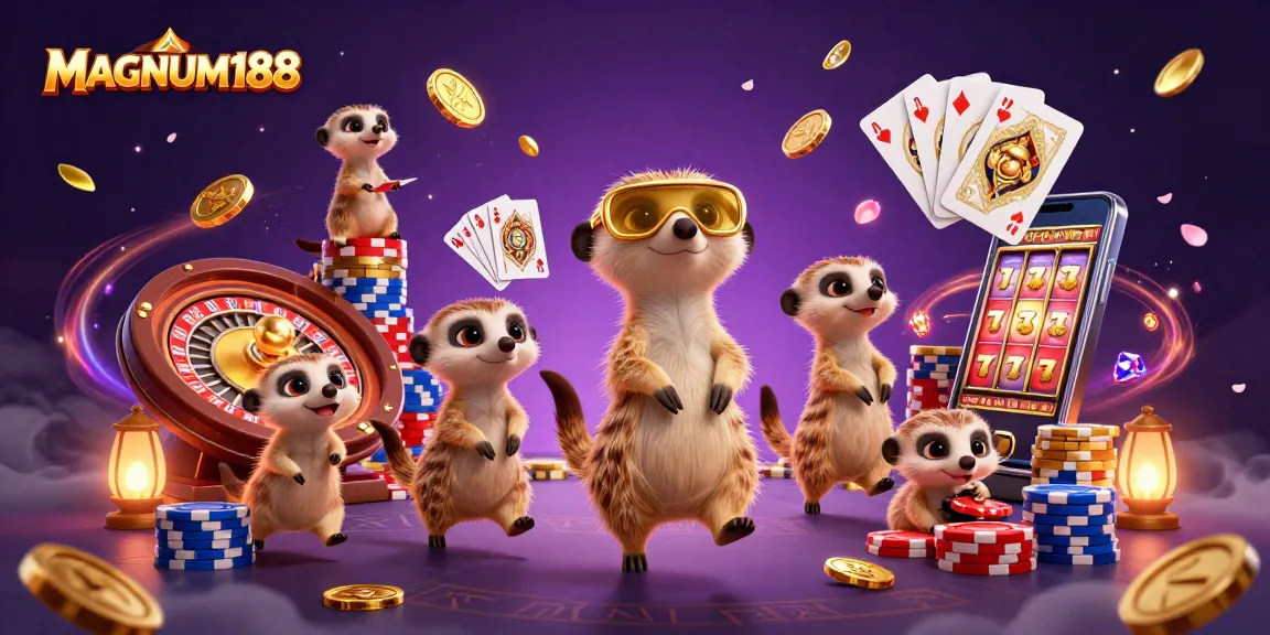 MAGNUM188 showcases playful meerkats operating a vibrant casino scene filled with excitement.