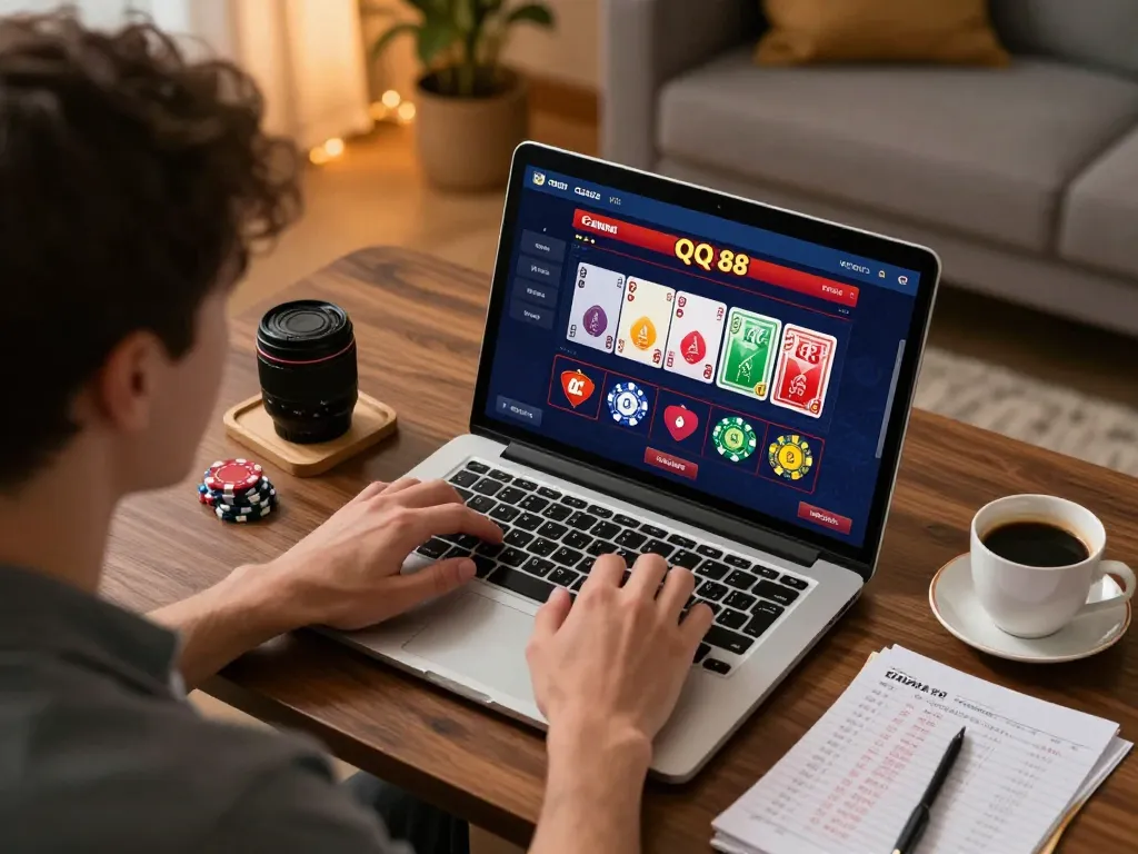 Engaging gaming session on QQ 88 website with player focused on virtual cards and chips