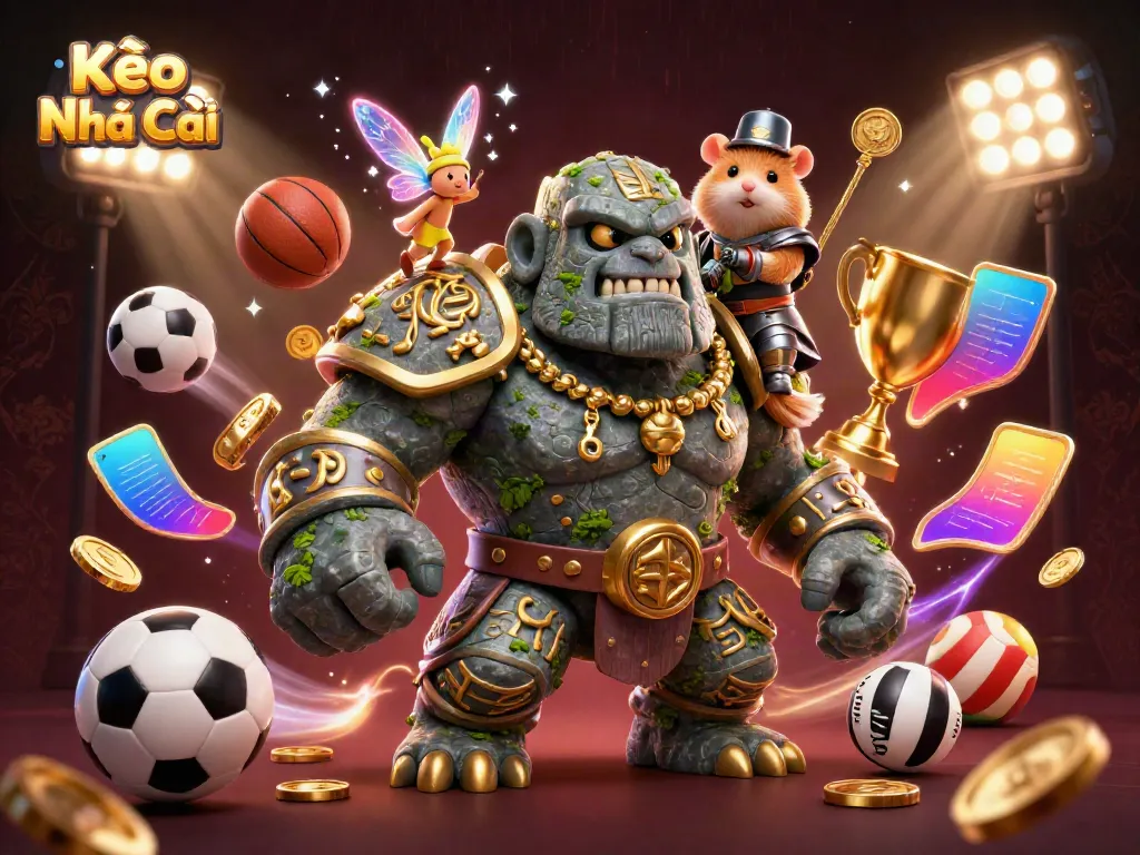 Engage with Kèo Nhà Cái through energetic sports betting visuals featuring dynamic characters and elements.