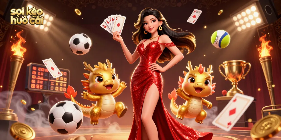 Soi kèo nhà cái showcases a confident Asian woman in a red gown with a golden dragon, fanning playing cards in a vibrant sports betting scene.