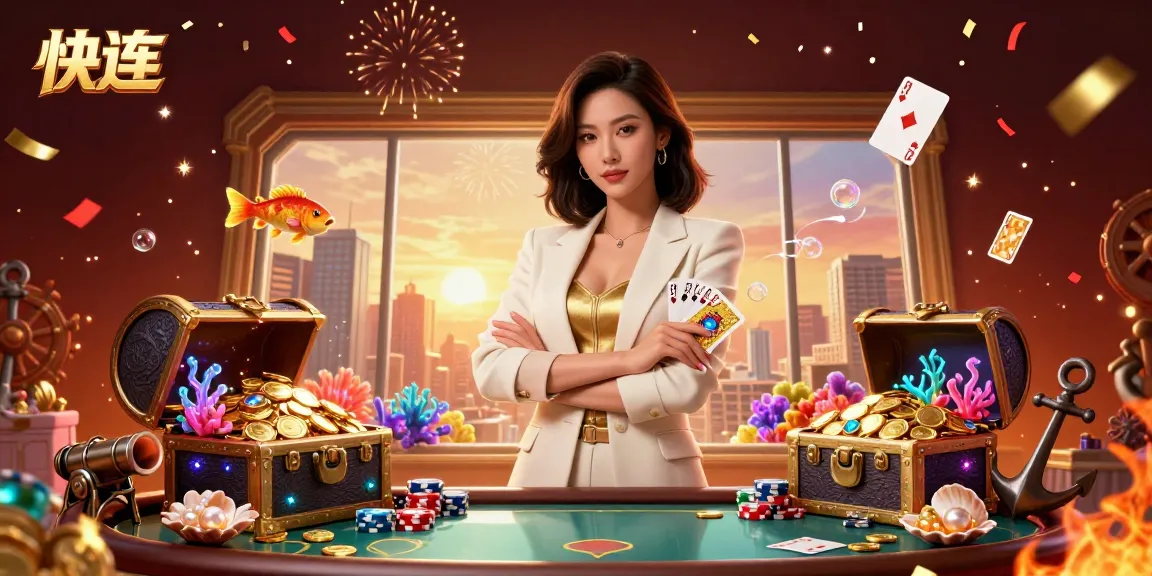 快连让您的游戏更加畅快,强大的亚洲女性手持金色扑克牌,身处活力十足的赌场元素之中。