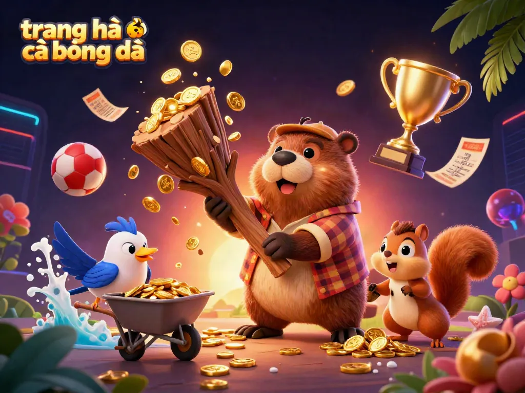 Giới thiệu trang nhà cái bóng đá với hình ảnh chú beaver và các yếu tố cá cược hấp dẫn.