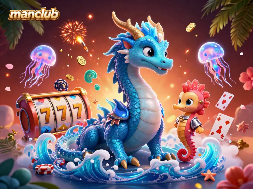 Experience thrilling gameplay with manclub's vibrant dragon and seahorse, surrounded by casino excitement.