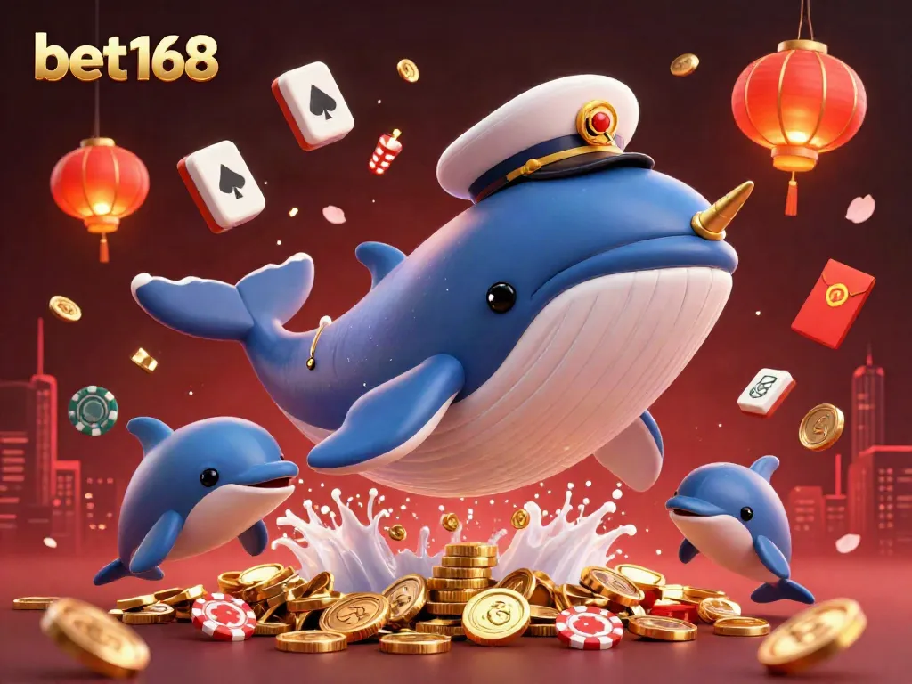 Engage with bet168 as a massive whale emerges through a cascade of gold coins amidst vibrant casino elements.