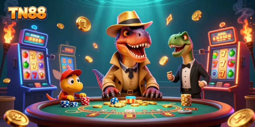 Experience the excitement of TN88 with a velociraptor at a blackjack table, surrounded by colorful slot machines.