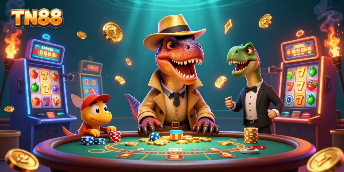 Experience the excitement of TN88 with a velociraptor at a blackjack table, surrounded by colorful slot machines.