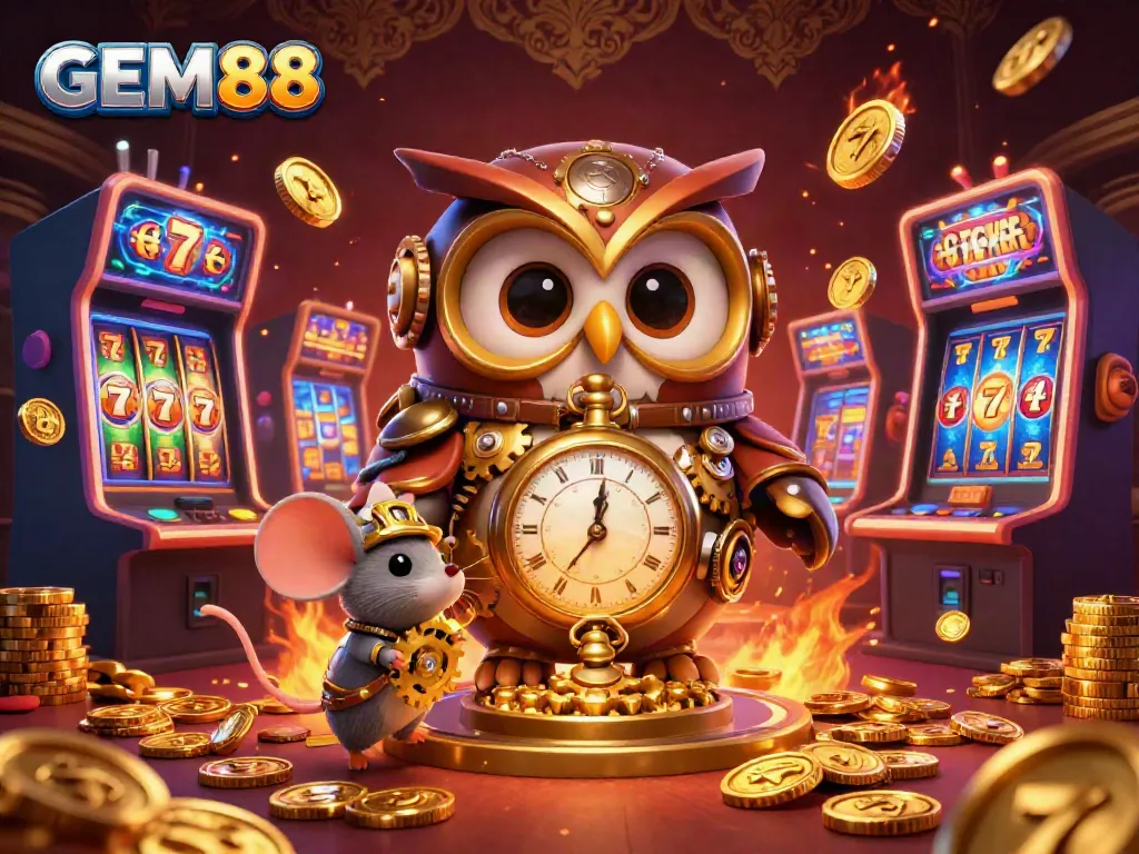 Experience thrilling gaming at GEM88 with a steampunk owl character amid vibrant casino elements and jackpots.