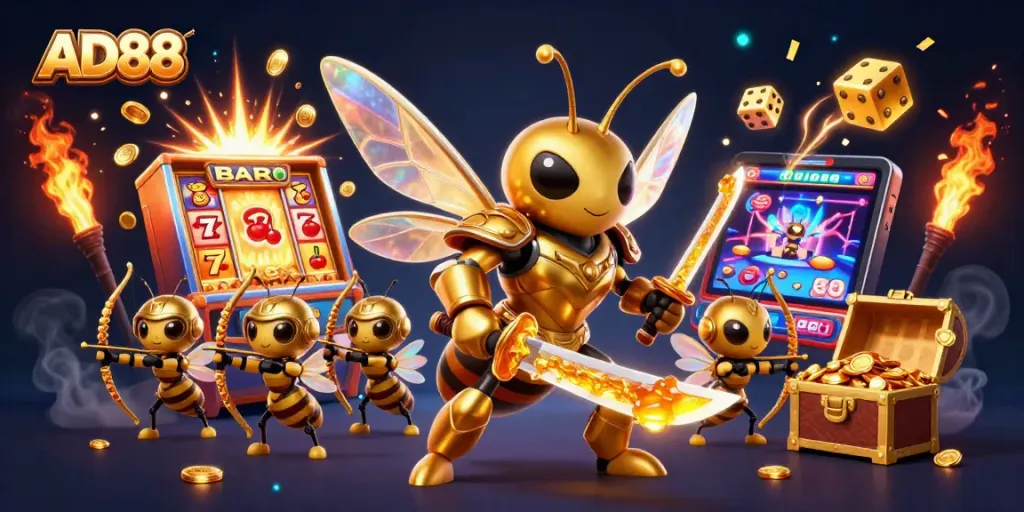 Engage with the thrilling world of AD88's casino games through this dynamic illustration.