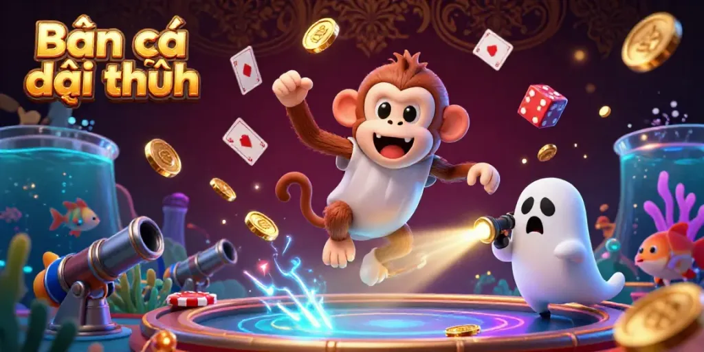 Bắn cá đổi thưởng showcases playful themed underwater casino action with vibrant graphics and dynamic characters.