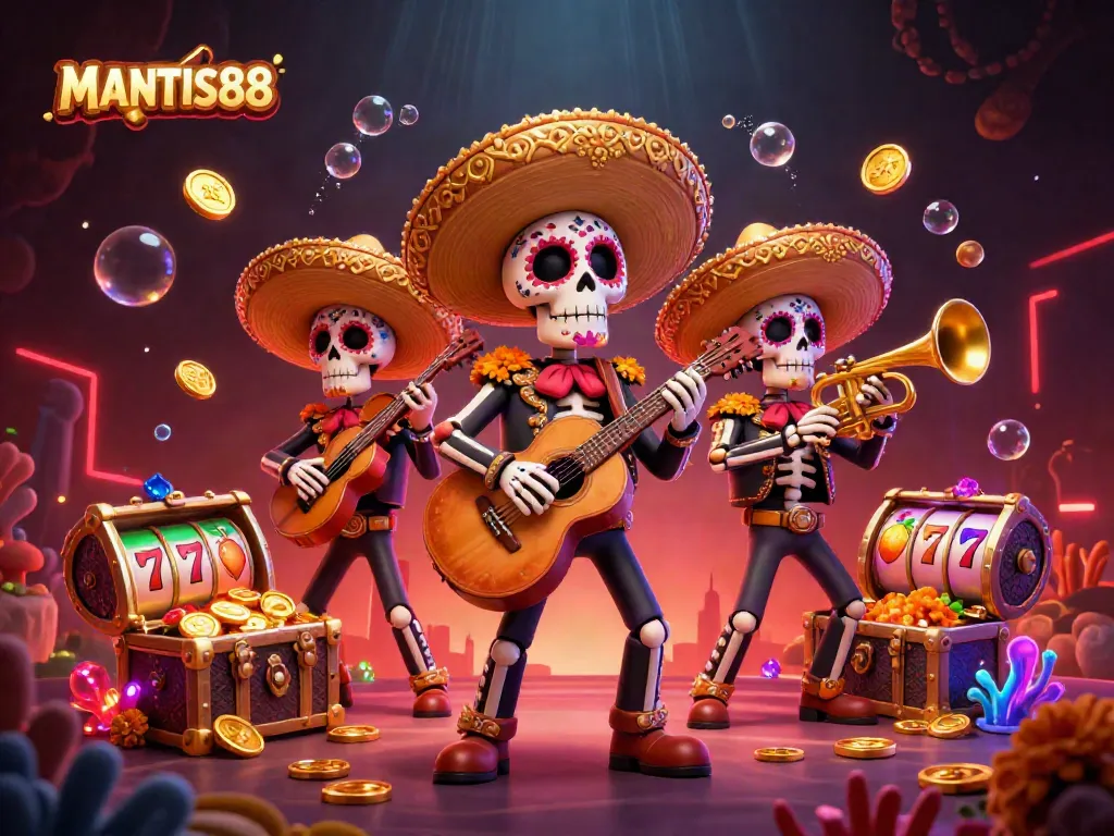 Experience the vibrant casino atmosphere of MANTIS88 featuring a lively mariachi band surrounded by treasure and slot elements.
