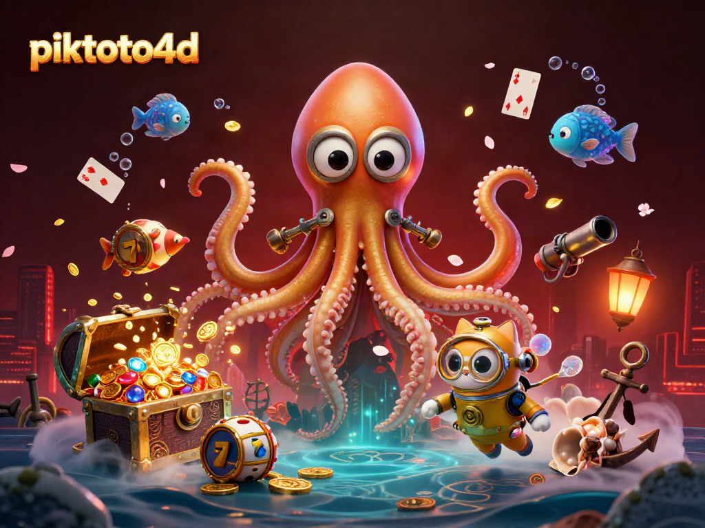 Engage in thrilling gameplay at piktoto4d, featuring an epic underwater scene with a kraken and diving cat.