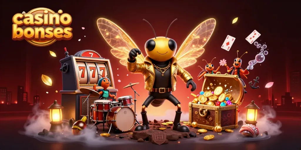 Experience thrilling casino bonuses with an energetic cicada rock star, beetle drummer, and vibrant gaming elements.