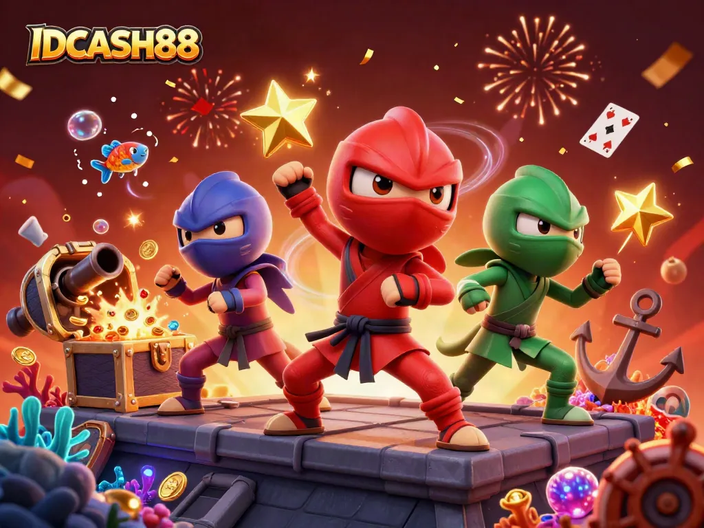 Experience the thrill of winning at IDCASH88 with colorful 3D characters in a dynamic casino scene.