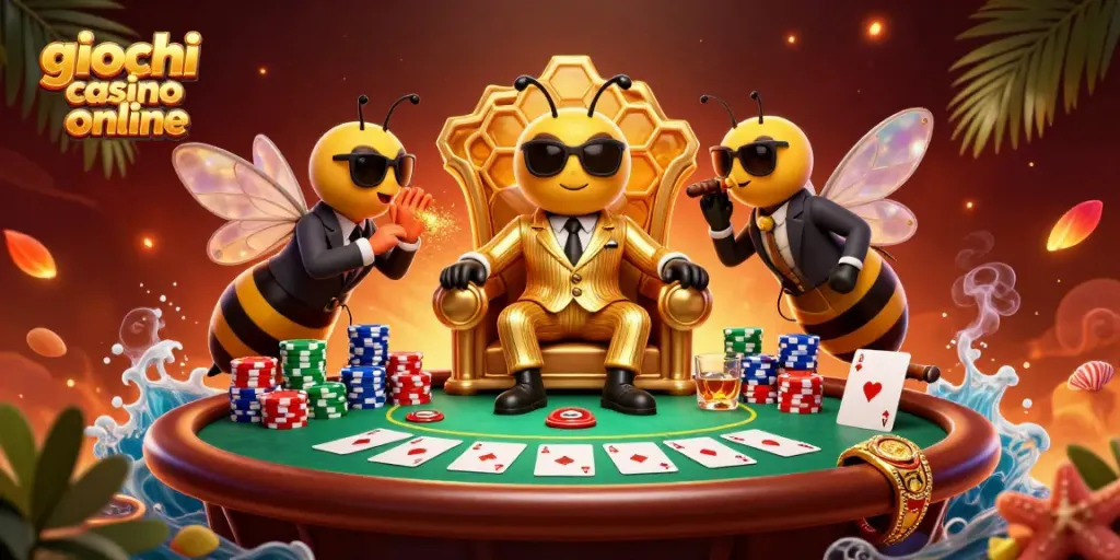 I giochi casino online prendono vita in un'illustrazione vibrante con un boss, guardie e una farfalla che svelano segreti.