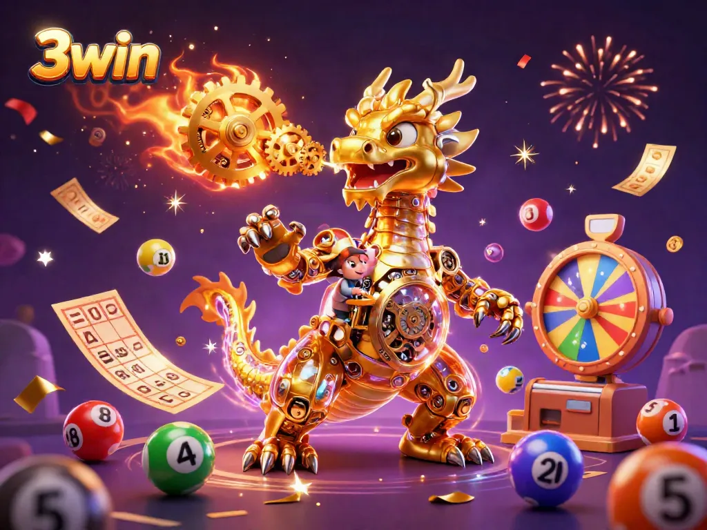 Experience gaming excitement at 3win with dynamic scenes filled with vibrant lottery balls and golden gear effects.
