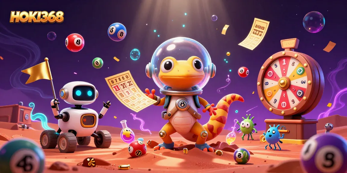 Experience the thrill of HOKI368 with a vibrant casino scene featuring playful alien characters and energetic gaming elements.