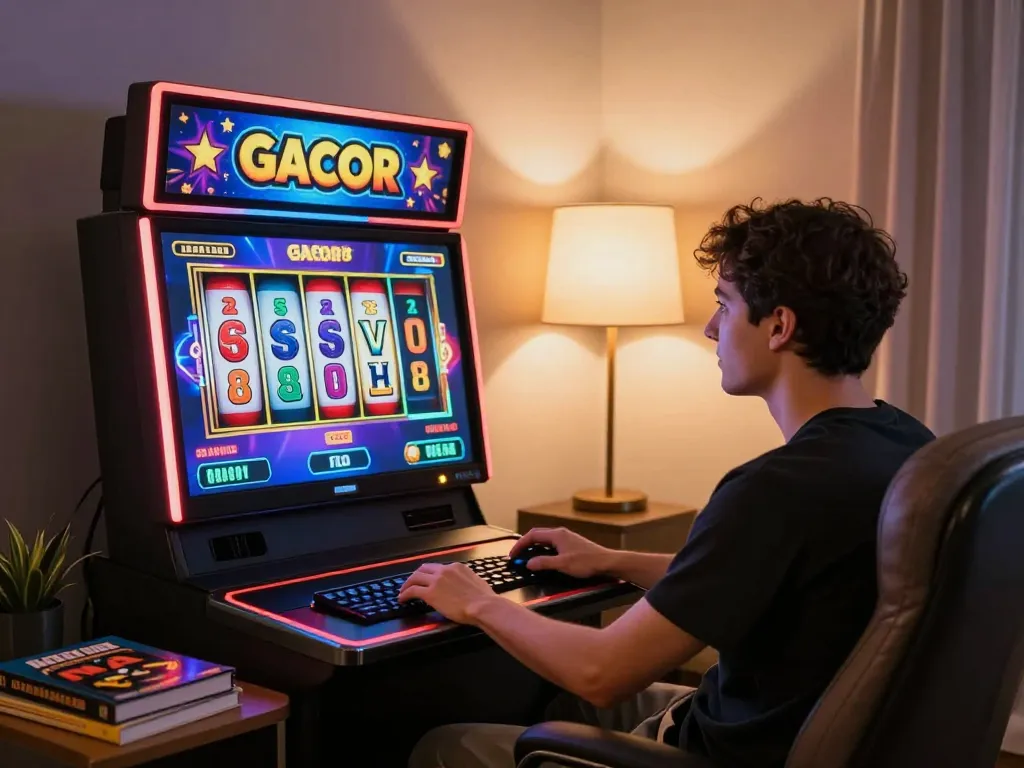 Player enjoying Slot Gacor online gaming experience at home in a comfortable setup.