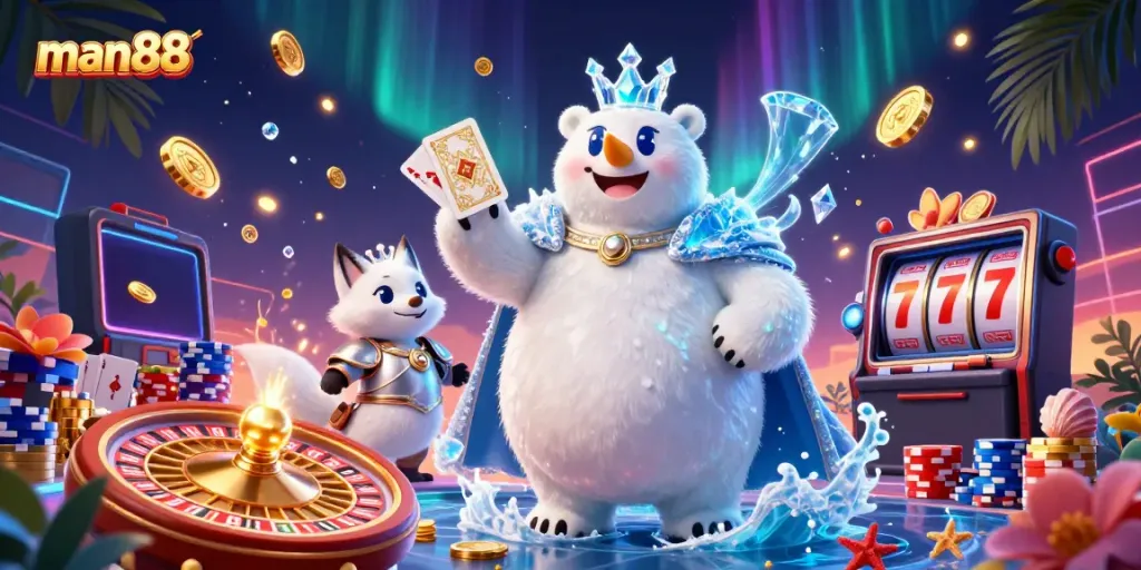 Join the fun at man88 with exciting games and vibrant casino elements illustrated in a rich 3D scene.