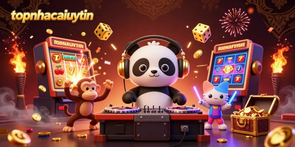 Witness the lively scene of topnhacaiuytin casino characters celebrating with jackpots and vibrant gaming elements.