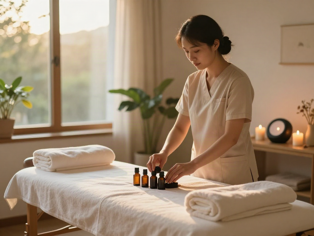 Relaxing home spa setup for 수원출장안마 with aromatherapy oils and soft towels.