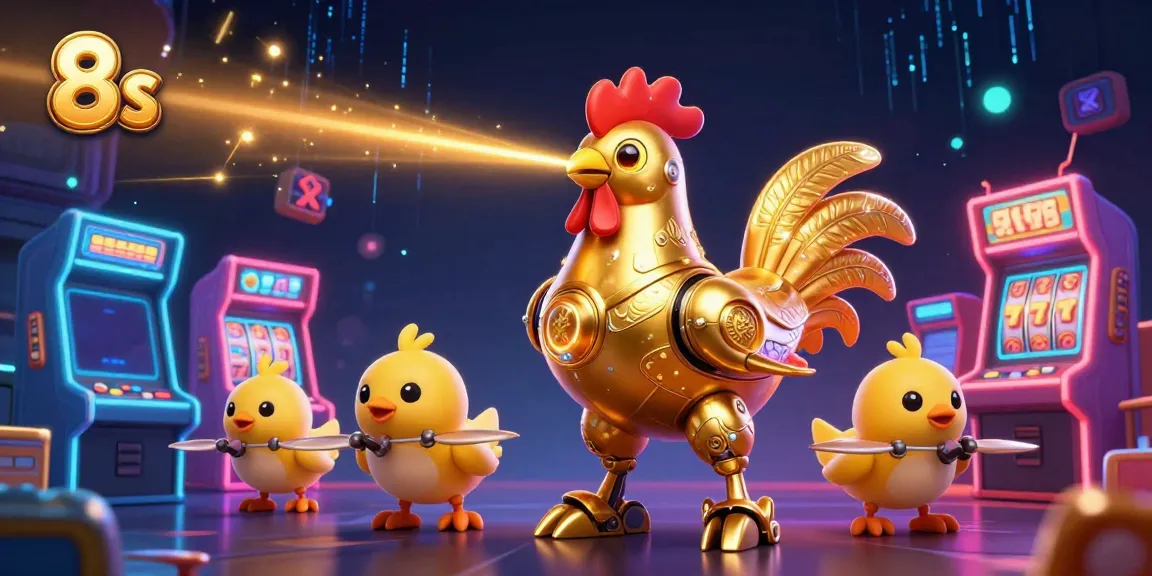 Engage with 8s casino action in a vibrant scene filled with golden rooster robot characters, lasers, and slot elements